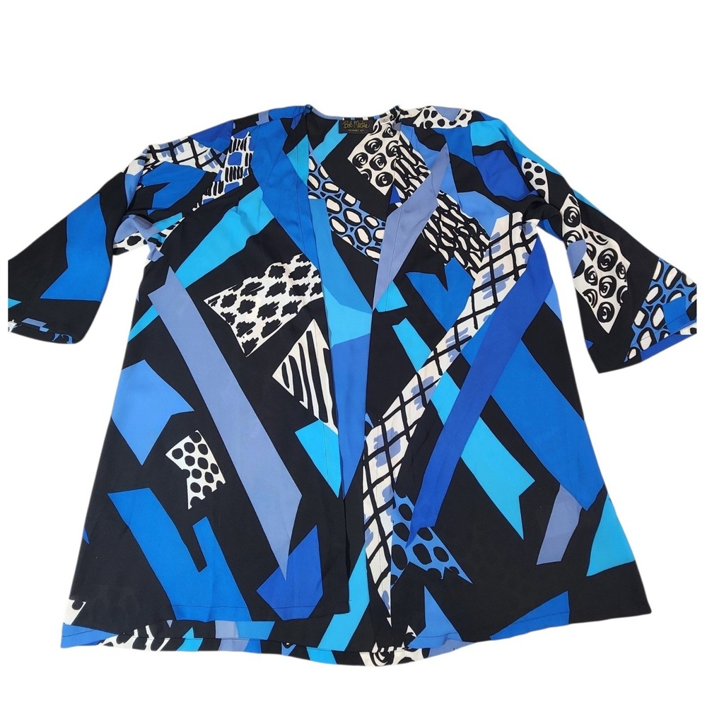 Bob Mackie Cardigan Women Large Blue Black Geometric Abstract Wearable Art Top